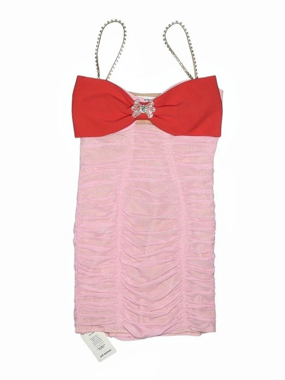 Self Portrait Pink Mesh Ruched Jeweled Mini Dress